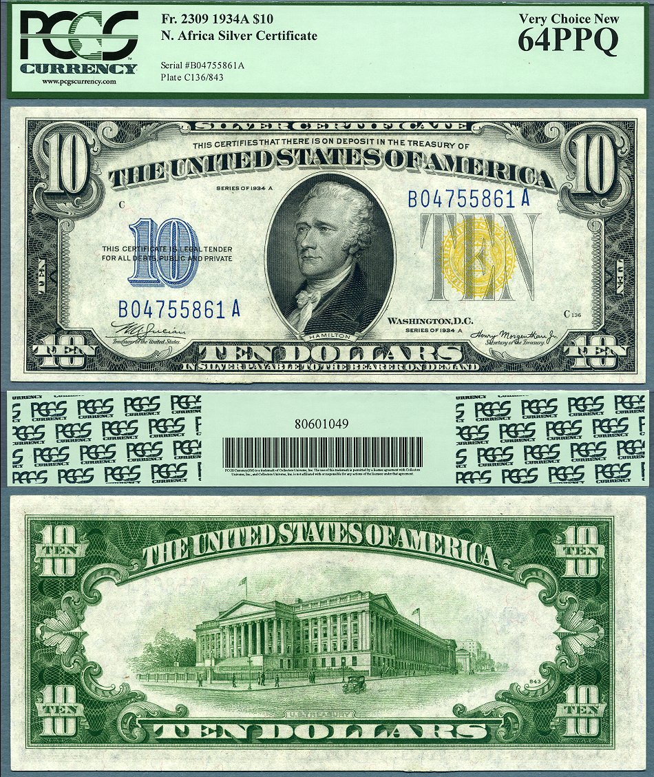 1934A $10 North Africa Silver Certificate FR-2309 PCGS Graded CU 64PPQ S/N B04755861A