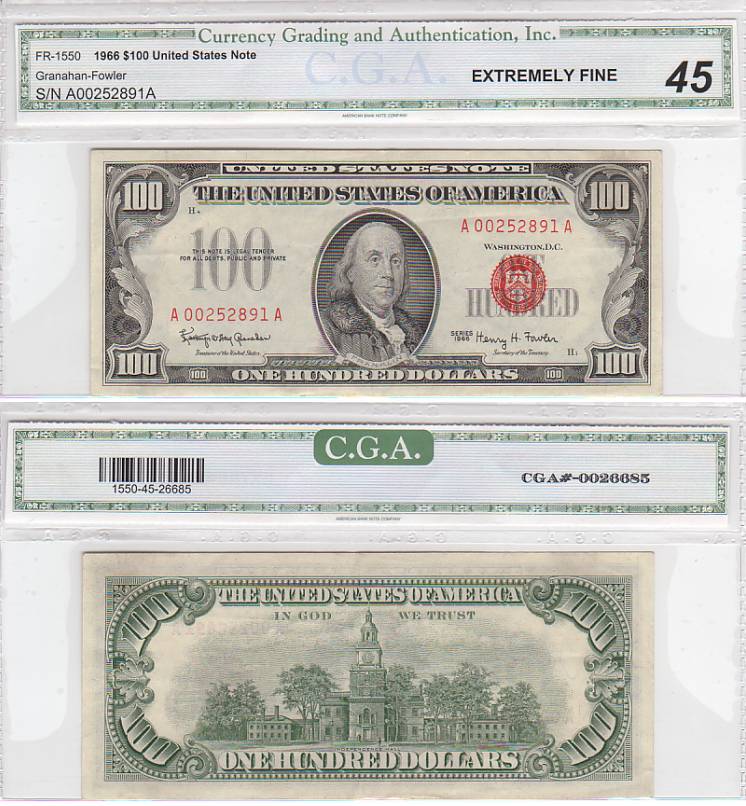 1966 $100 United States Legal Tender Red Seal FR-1550 CGA Graded EF45 S/N A00252891A