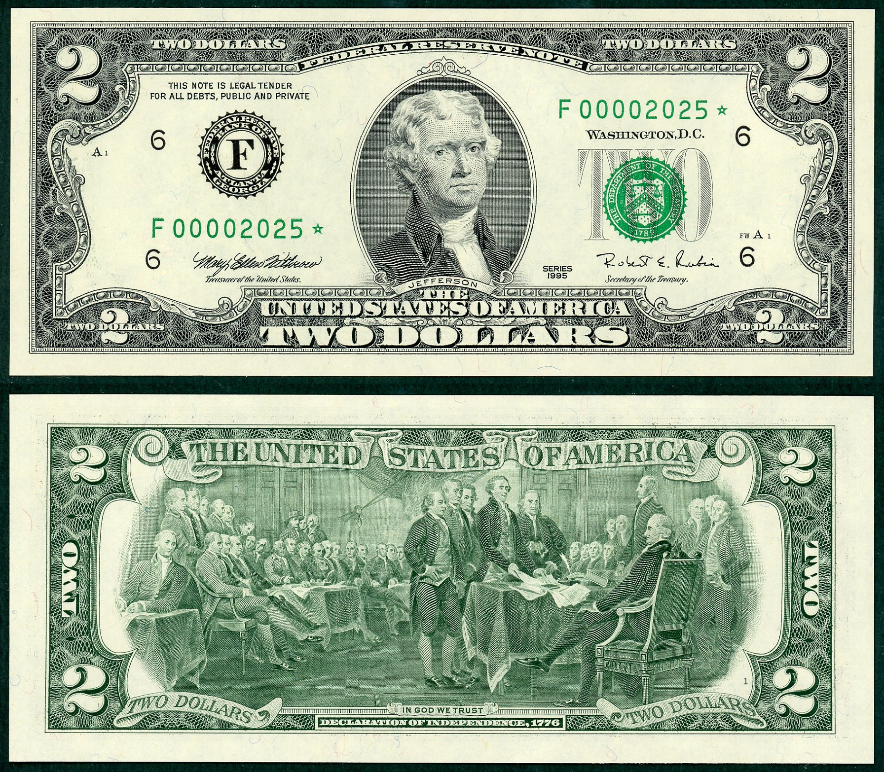1995 $2 Federal Reserve Star Note Birthyear S/N F00002025*