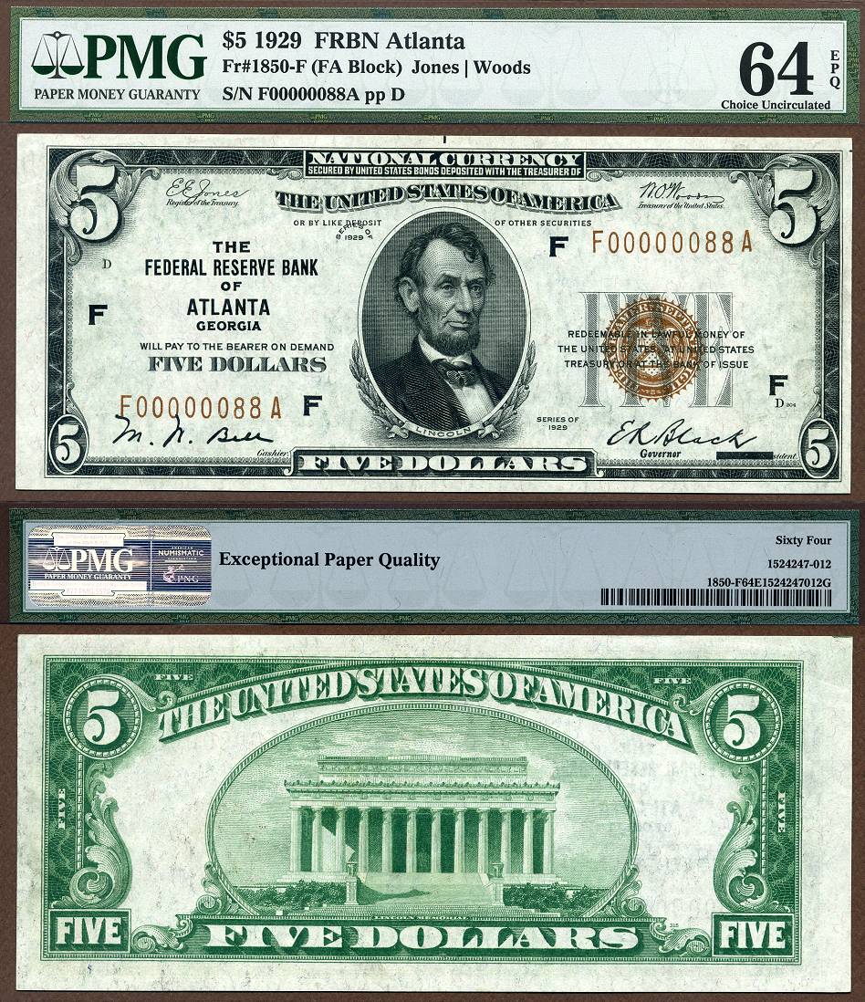 1929 $5 Federal Reserve Bank Note FR-1850-F Atlanta Georgia PMG Graded CU 64EPQ S/N F00000088A