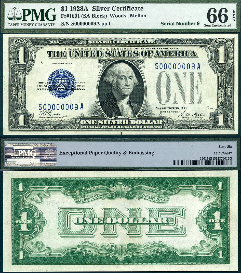 1928A $1 Silver Certificate FR-1601 PMG Gem 66EPQ S/N S00000009A