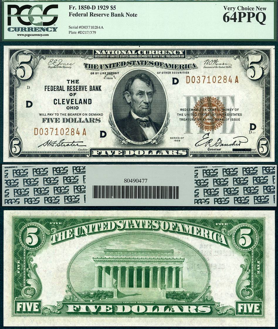 1929 $5 Federal Reserve Bank Note FR-1850-D Cleveland Ohio PCGS CU 64PPQ D03710284A