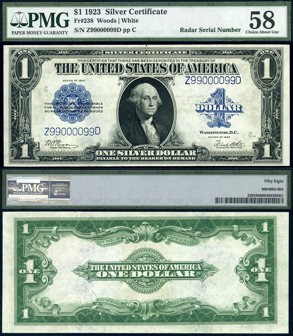 1923 $1 Silver Certificate FR-238 PMG AU58 S/N Z99000099D