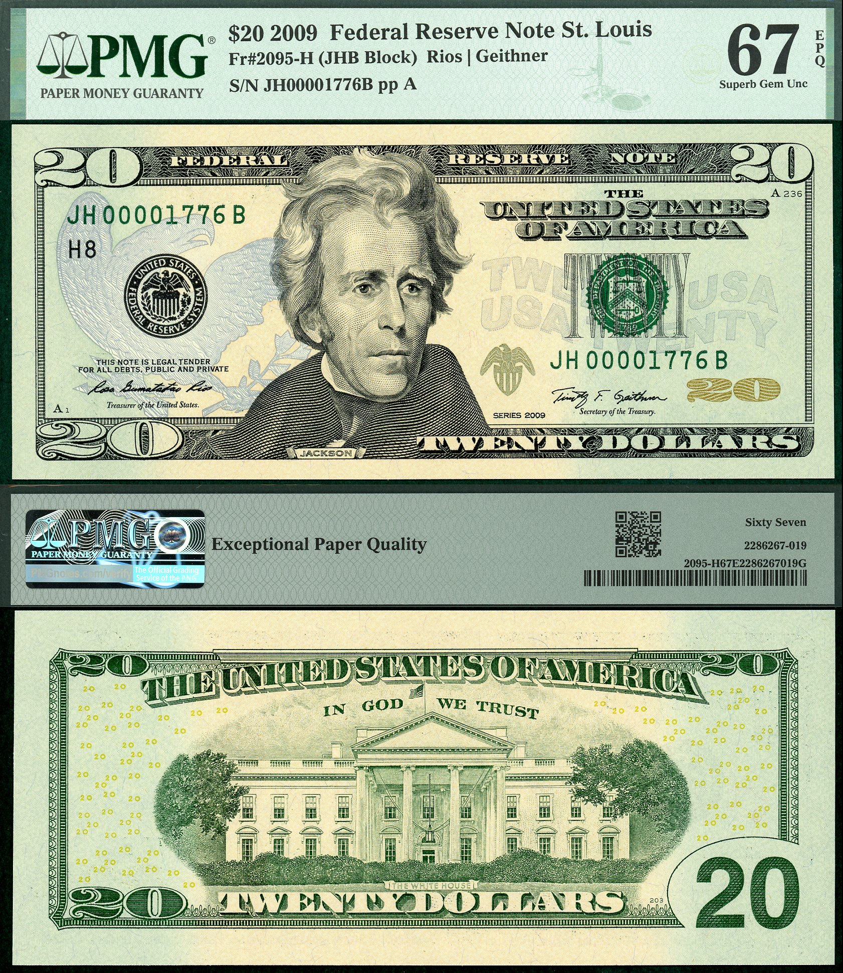 2009 $20 FRN FR-2095H Low Fancy Birth Year of America 1776 PMG Gem 67EPQ S/N JH00001776B