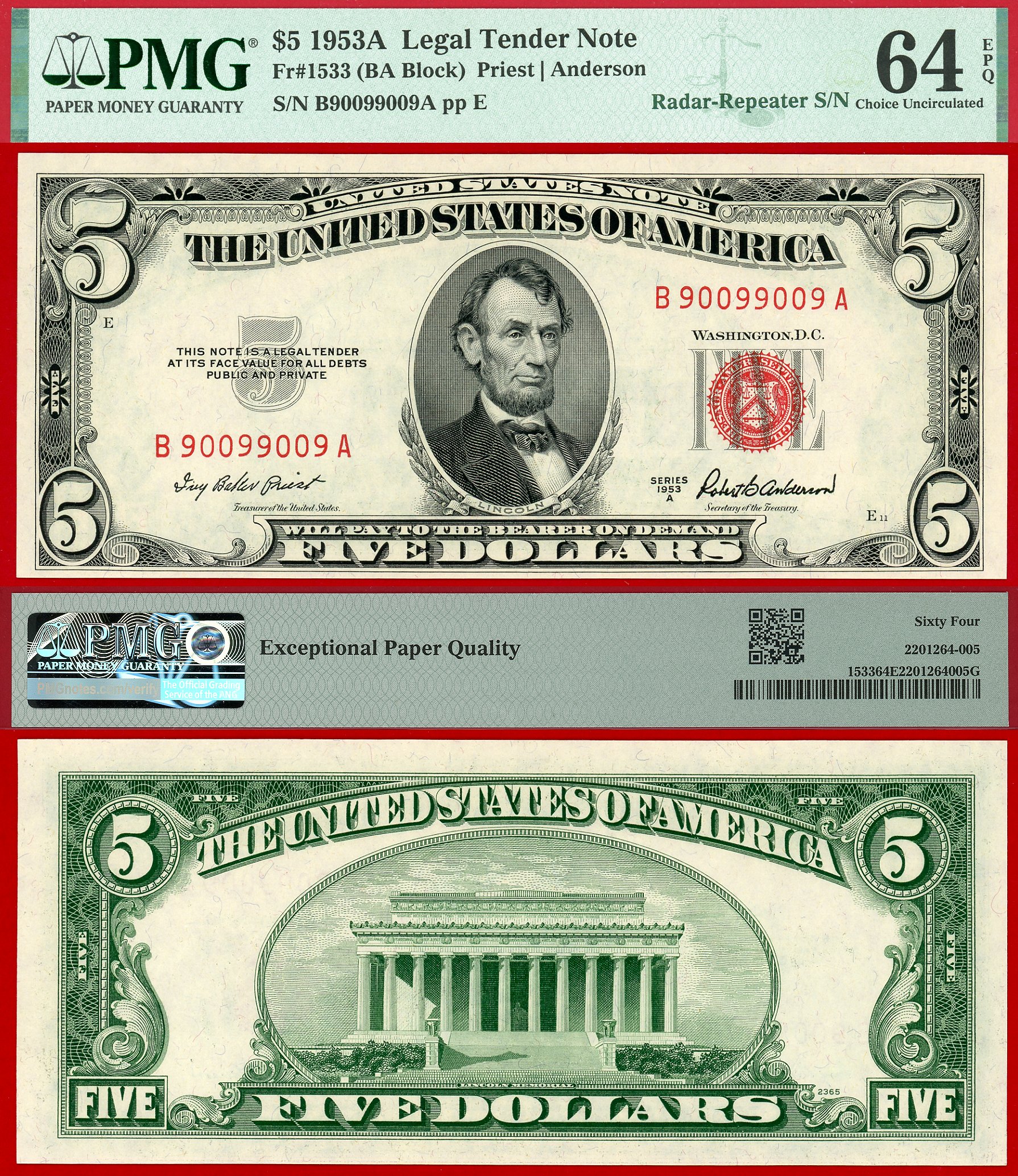1953A $5 Legal Tender Note FR-1533 PMG CU64EPQ Radar/Repeater S/N B90099009A