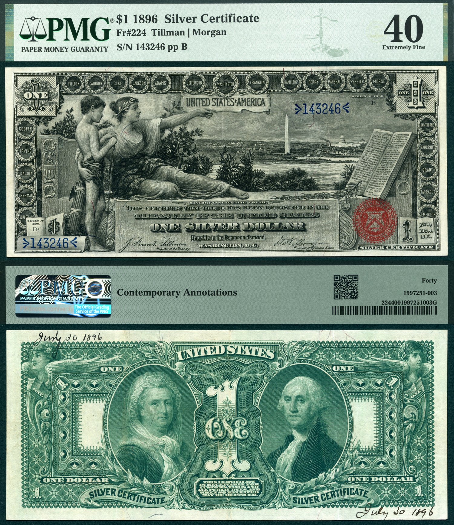 1896 $1 Silver Certificate Educational FR-224 PMG EF 40 S/N 143246