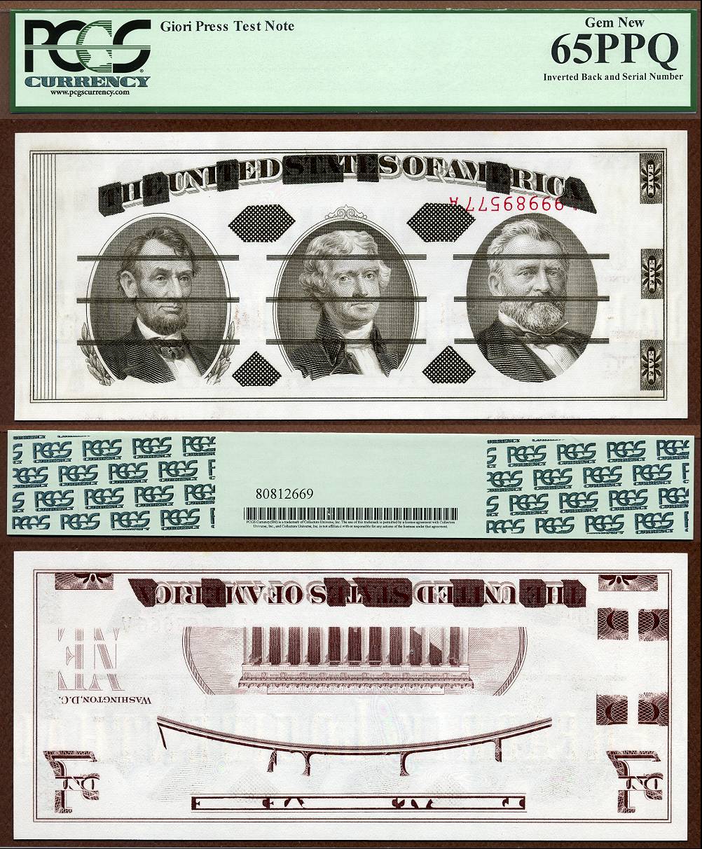 Giori Test Note with Inverted Serial Numbers and Inverted Back S/N A99989577A