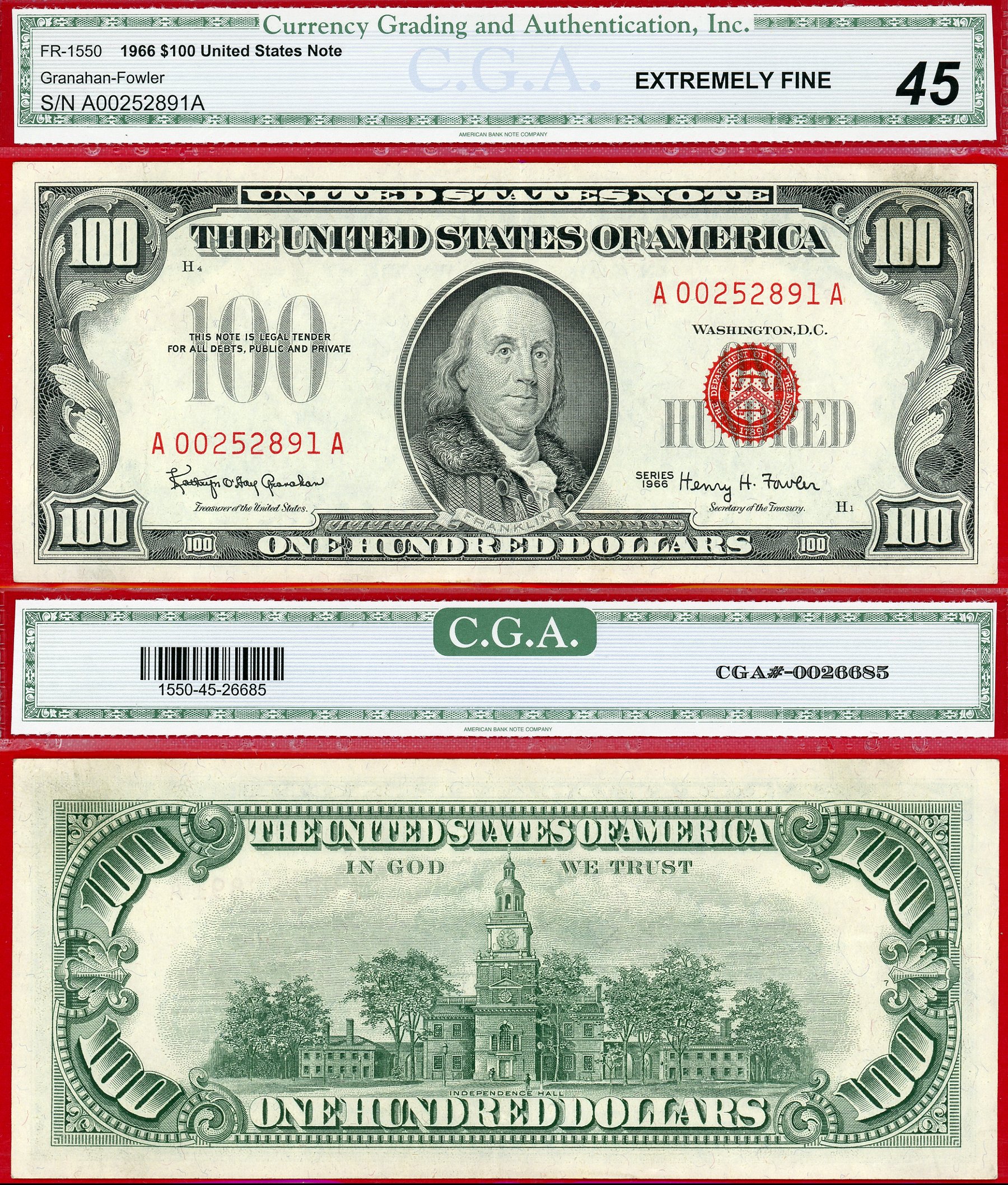 1966 $100 United States Legal Tender Red Seal FR-1550 CGA Graded EF45 S/N A00252891A