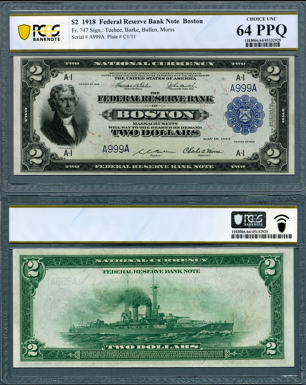 1918 $2 Federal Reserve Bank Note AKA The Battleship FR-747 PCGS B CU64PPQ S/N A999A