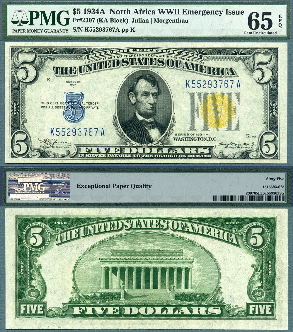 1934A $5 Silver Certificate North Africa Note FR-2307 PMG Graded Gem 65EPQ S/N K55293767A