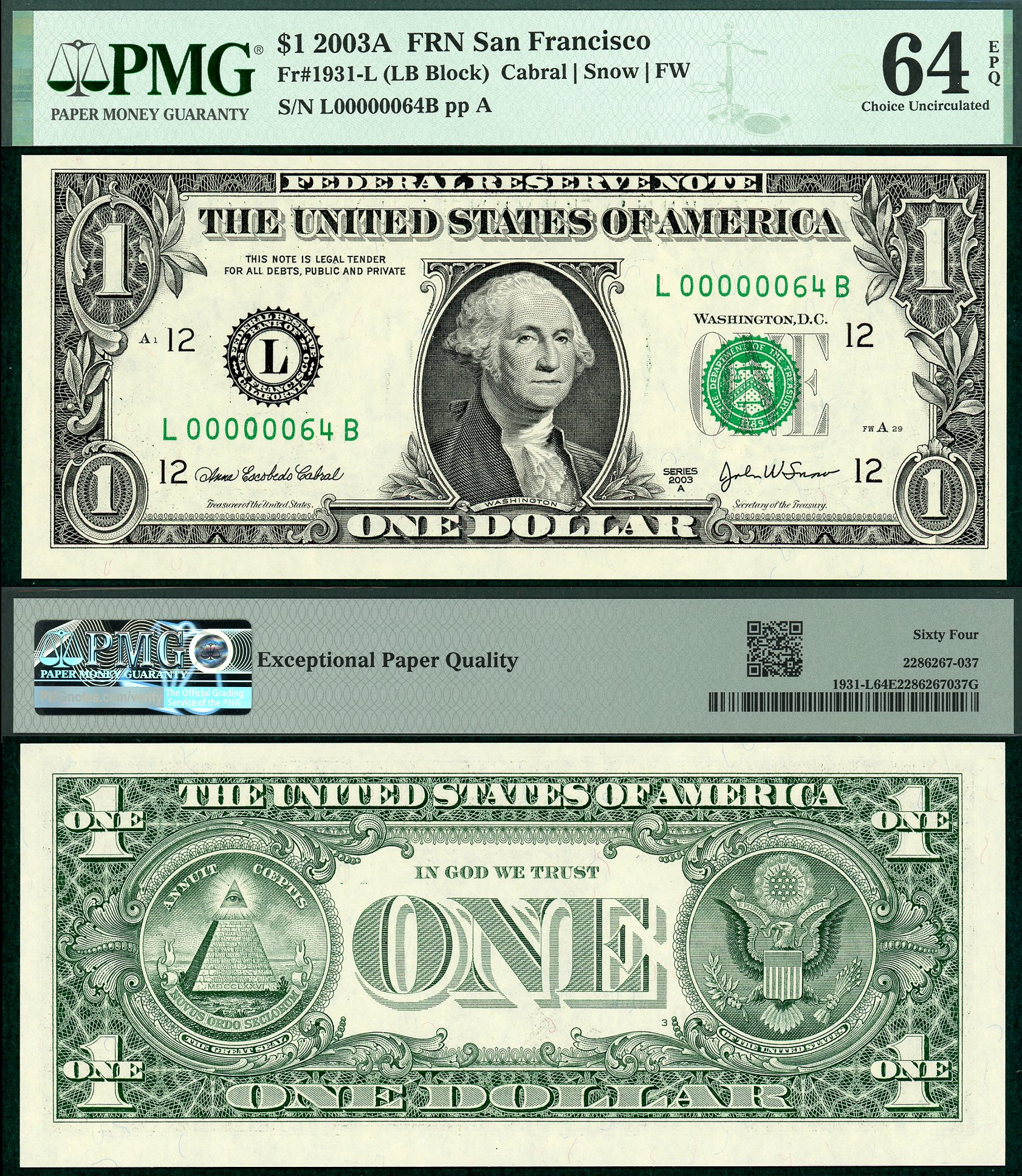2003A $1 Federal Reserve Note FR-1931 PMG CU64EPQ Low Fancy S/N L00000064B