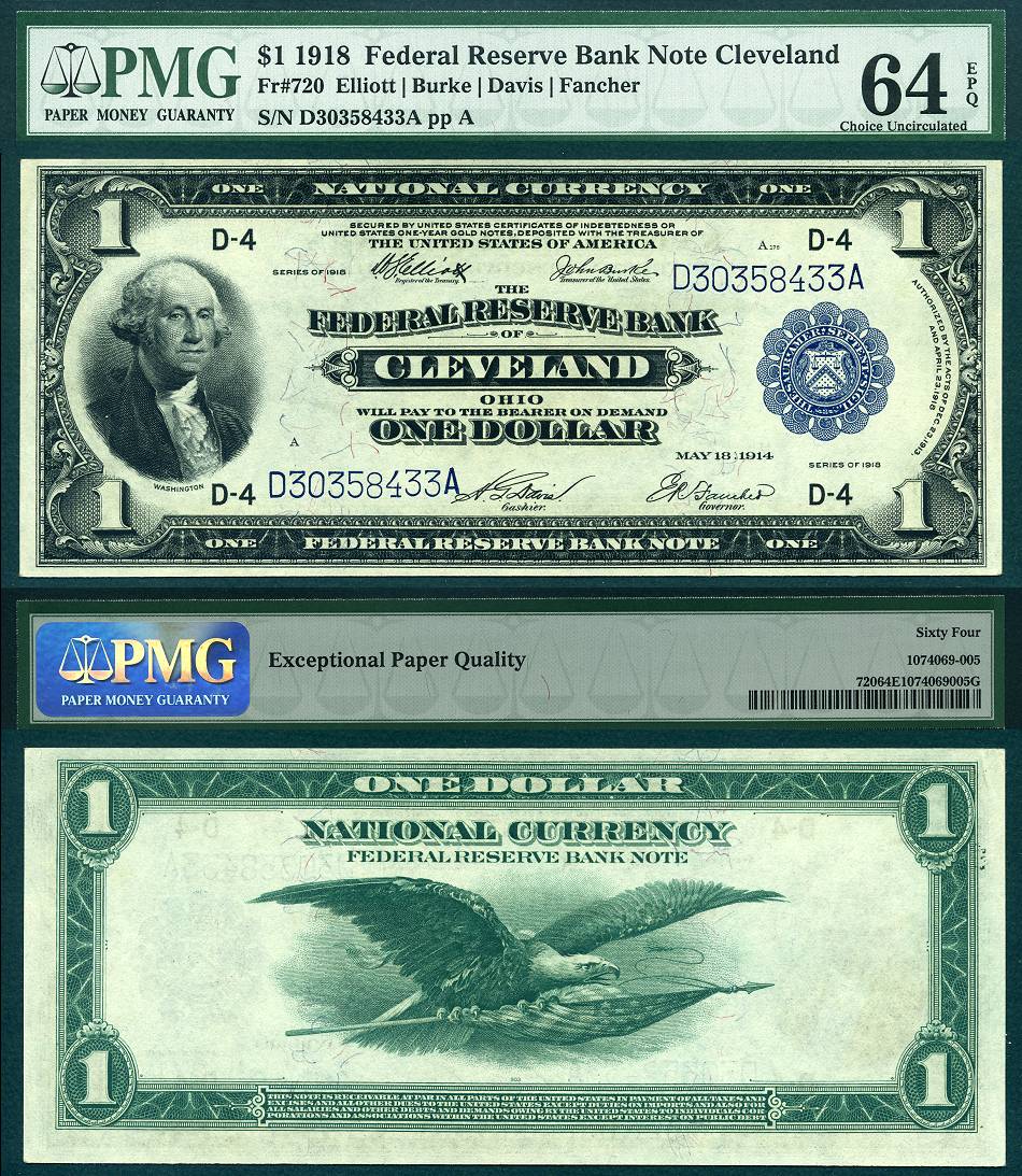 1918 $1 Federal Reserve Bank Note FR-720 "Cleveland Ohio" PMG CU64EPQ S/N D30358433A