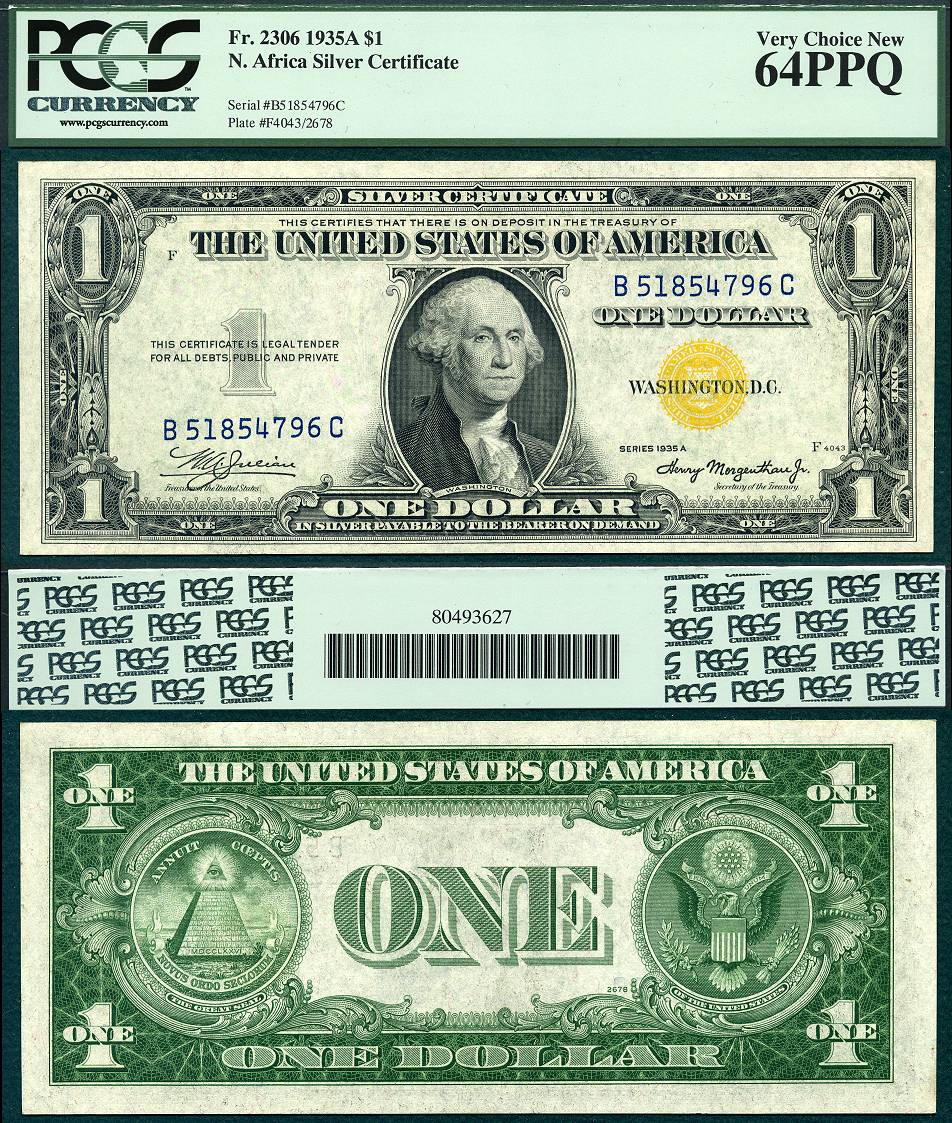1935A $1 Silver Certificate North Africa Issue FR-2306 PCGS CU 64PPQ S/N B 51854796 C