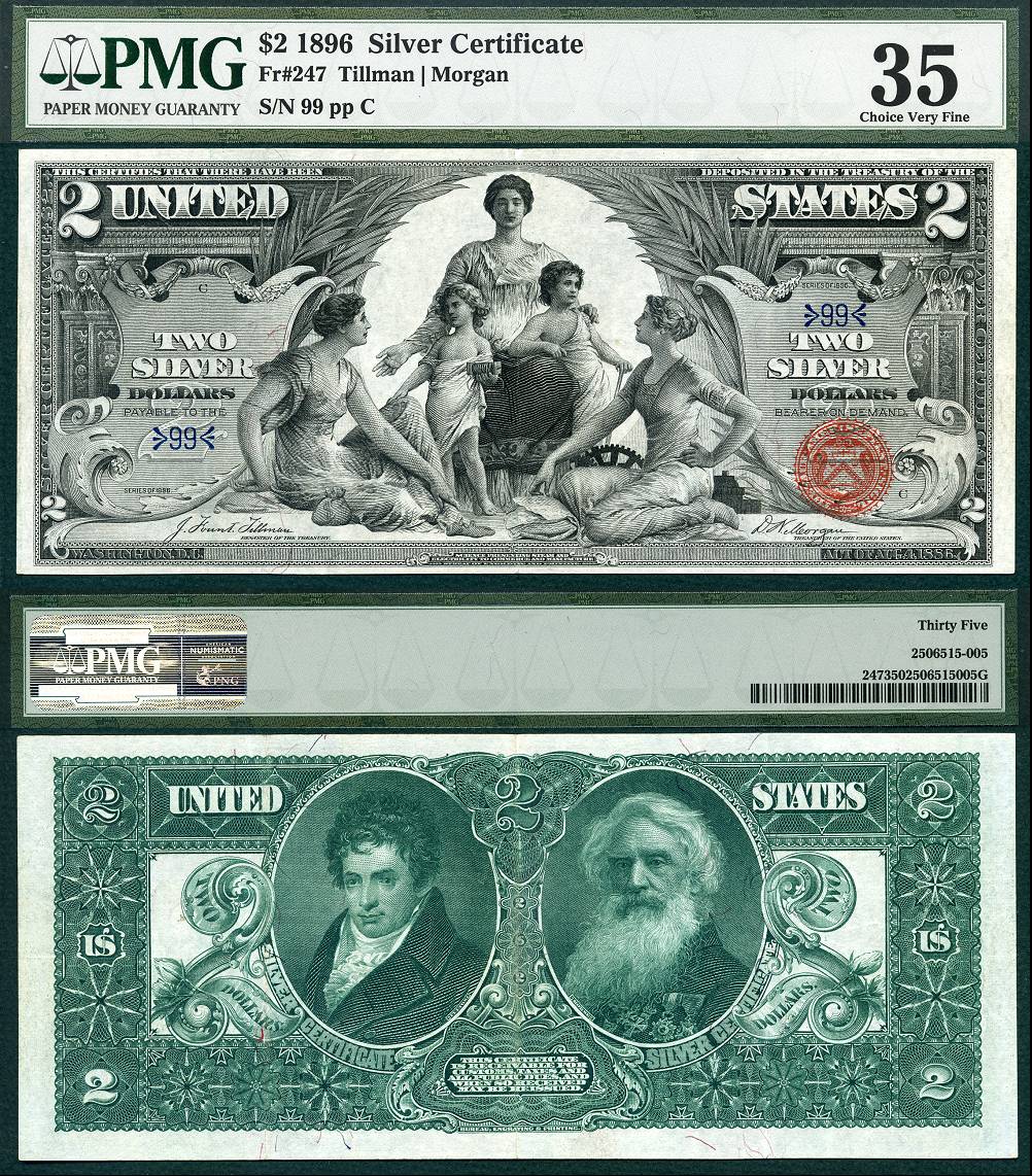 1896 $2 Silver Certificate Educational FR-247 PMG VF35 S/N 99