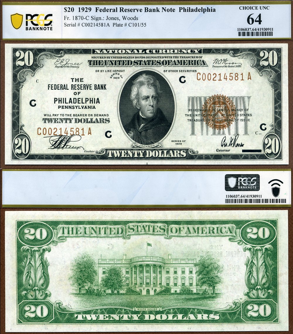 1929 $20 Federal Reserve Bank Note Philadelphia Pennsylvania PCGS B CU64 S/N C00214581A