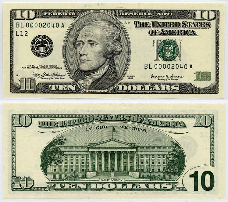 1999 $10 Federal Reserve Note S/N BL00002040A