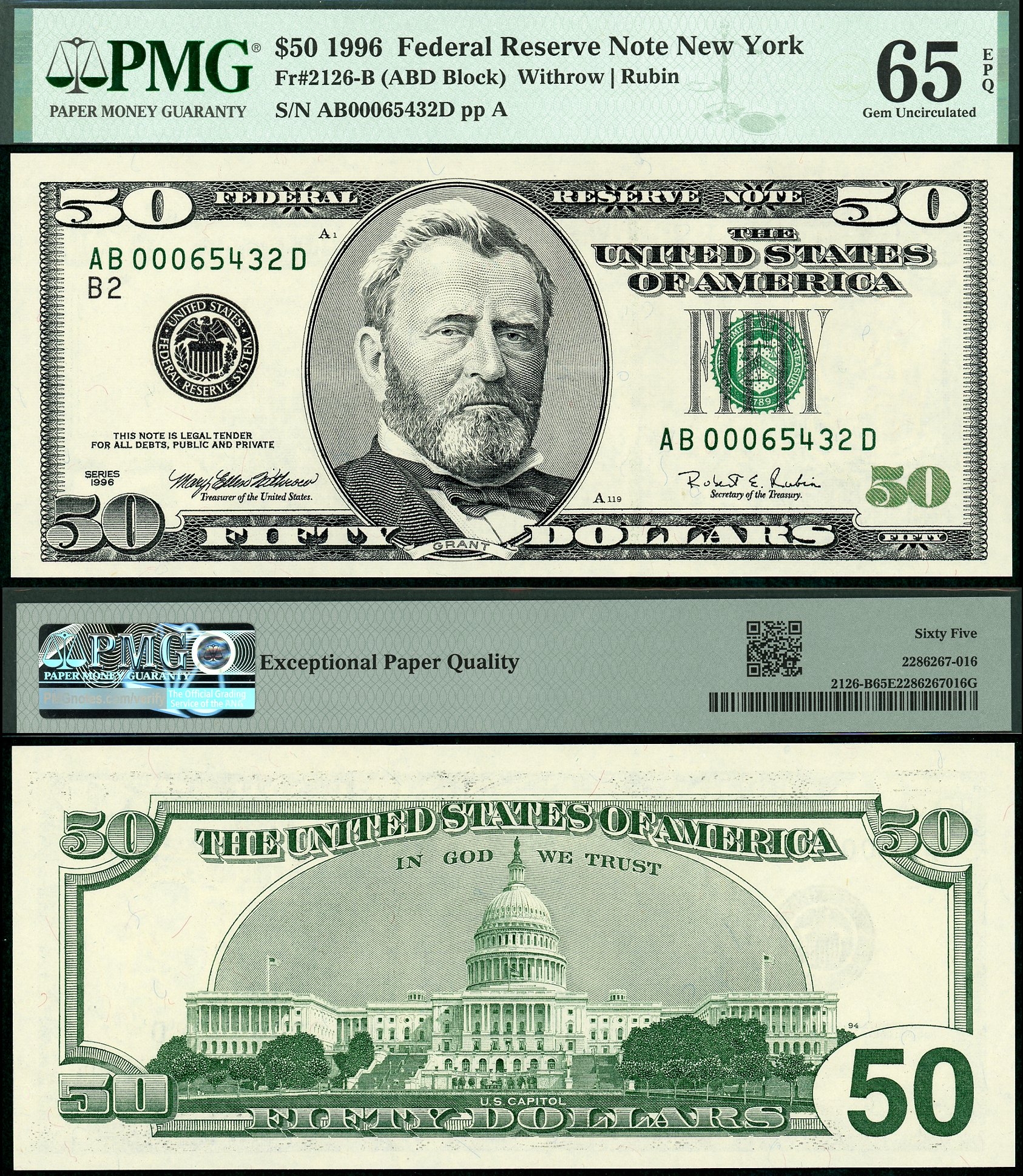 1996 $50 Federal Reserve Note Low Serial Down Ladder FR-2126B PMG Gem 65EPQ S/N AB00065432D