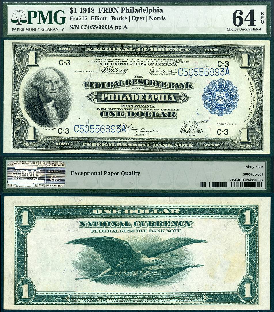 1918 $1 Federal Reserve Bank Note FR-717 "Philadelphia District" PMG Graded CU64EPQ S/N C50556893A