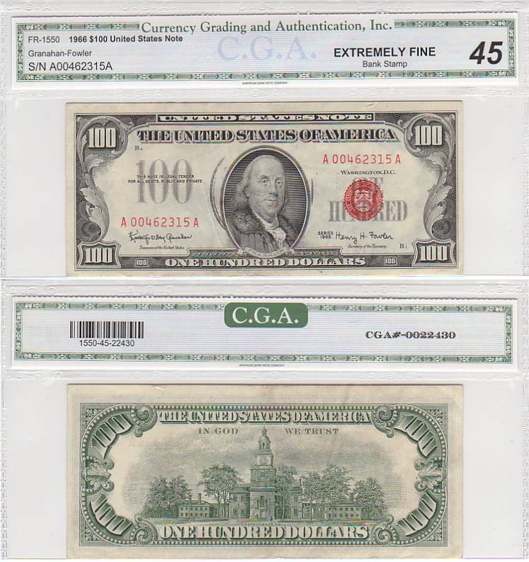 1966 $100 United States Legal Tender Note FR-1550 S/N A 00462315 A
