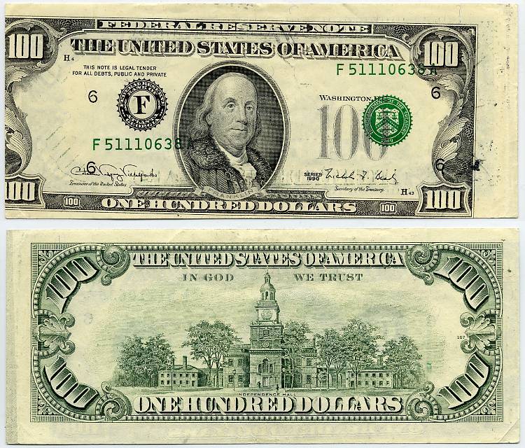 1990 $100 Federal Reserve Error Note End Of Roll