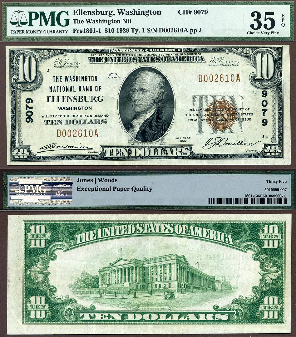 1929 $10 The Washington National Bank Ellensburg Washington