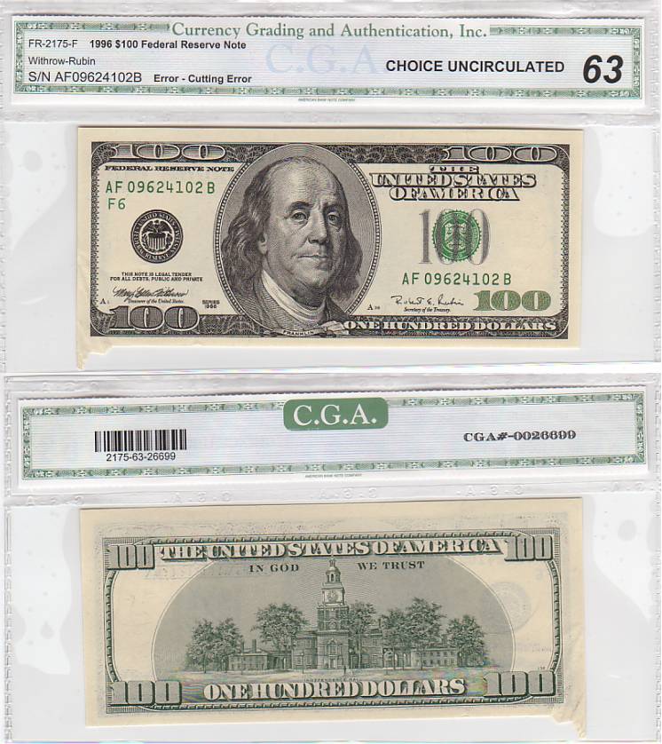 1996 $100 Federal Reserve Note Cutting Error