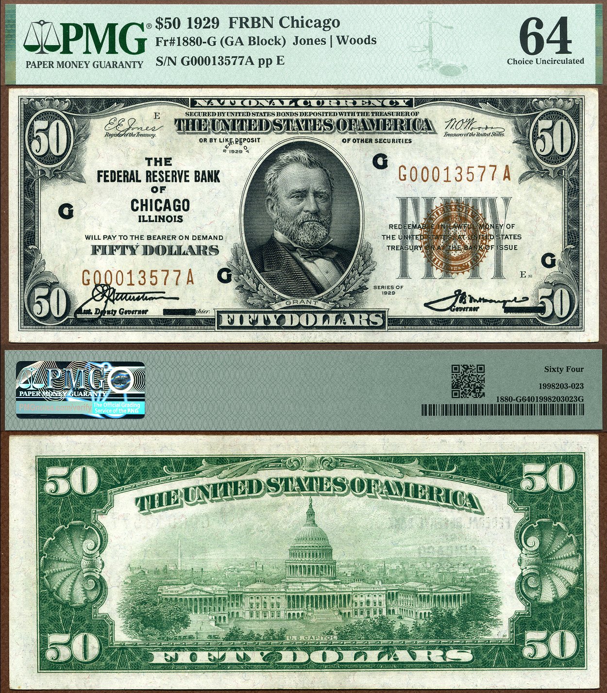 1929 $50 Federal Reserve Bank Note FR-1880-G Chicago Illinois PMG Graded CU 64 S/N G00013577A
