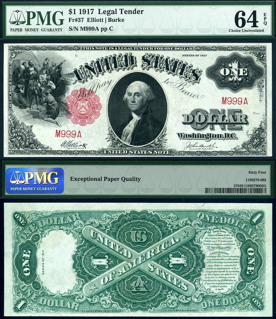 1917 $1 Legal Tender Note FR-37 PMG CU64EPQ S/N M999A