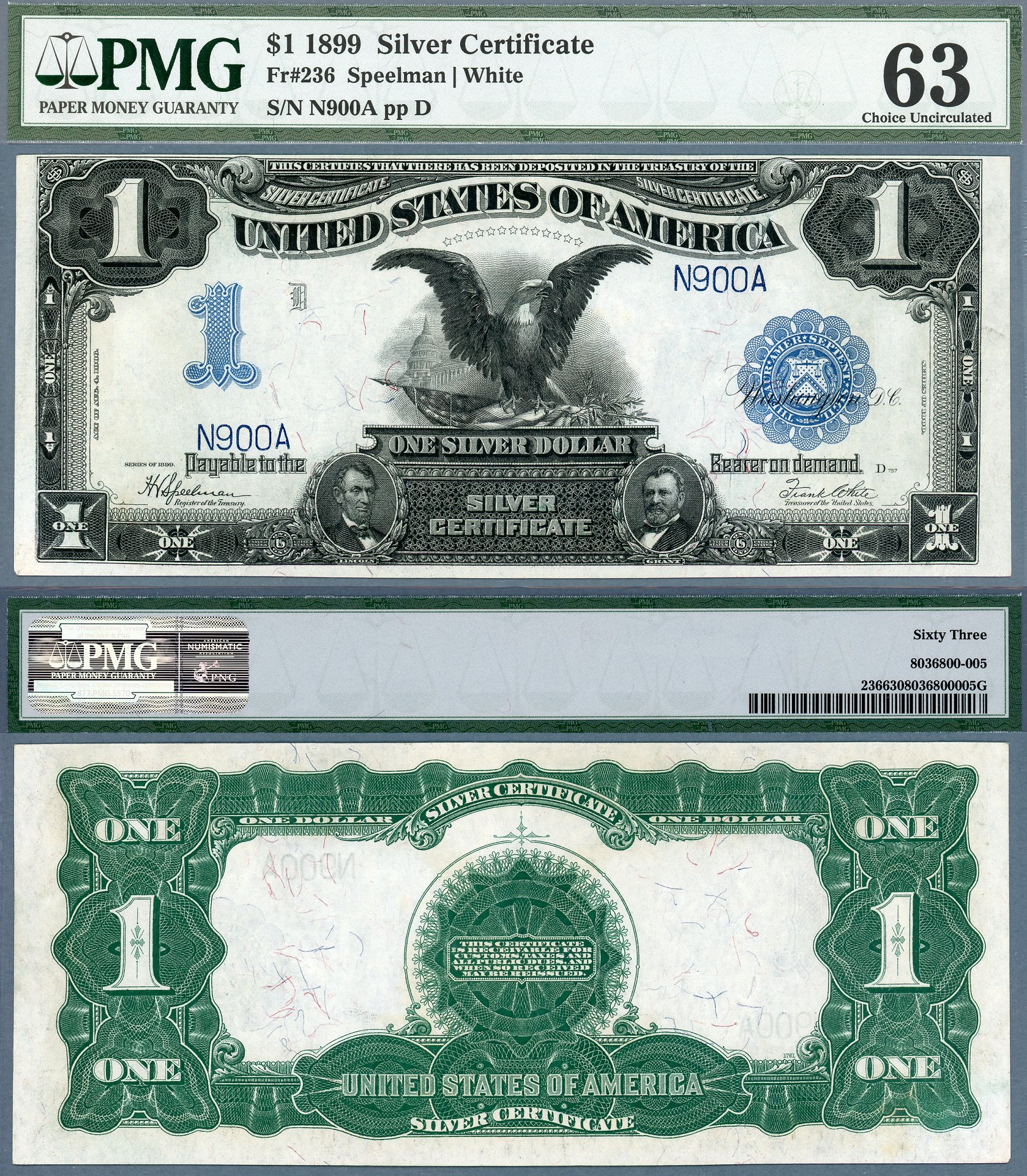 1899 $1 Silver Certificate FR-236 PMG CU63 Low S/N N900A