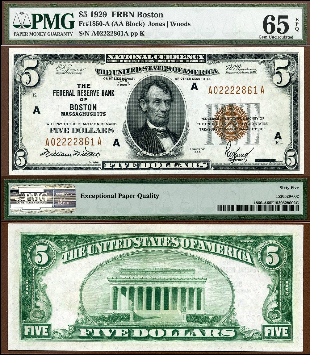 1929 $5 Federal Reserve Bank Note FR-1850-A Boston Massachusetts S/N A02222861A