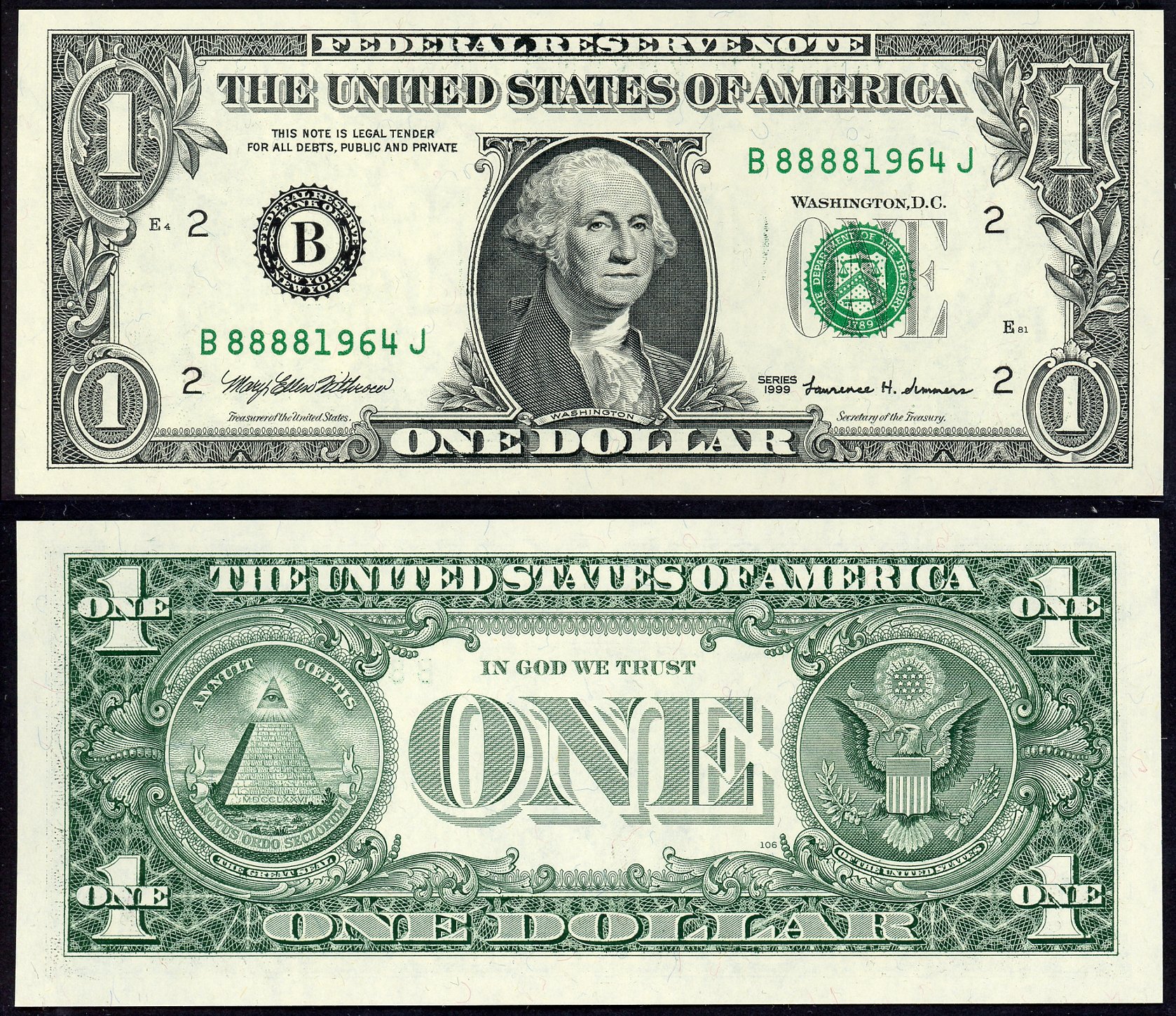 1999 $1 Federal Reserve Note S/N B88881964J