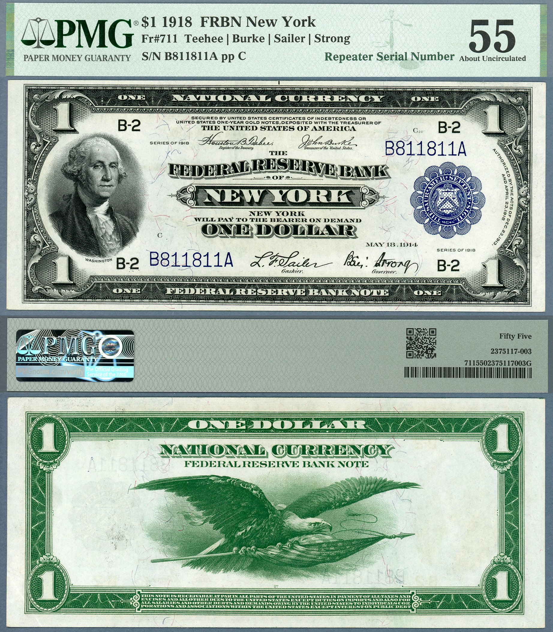 1918 $1 Federal Reserve Bank Note FR-711 Repeater S/N B811811A