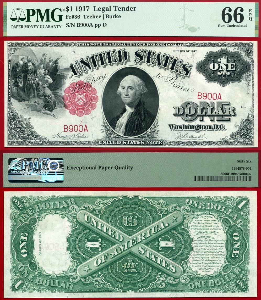 1917 $1 Legal Tender Note FR-36 PMG Gem 66 EPQ S/N B900A