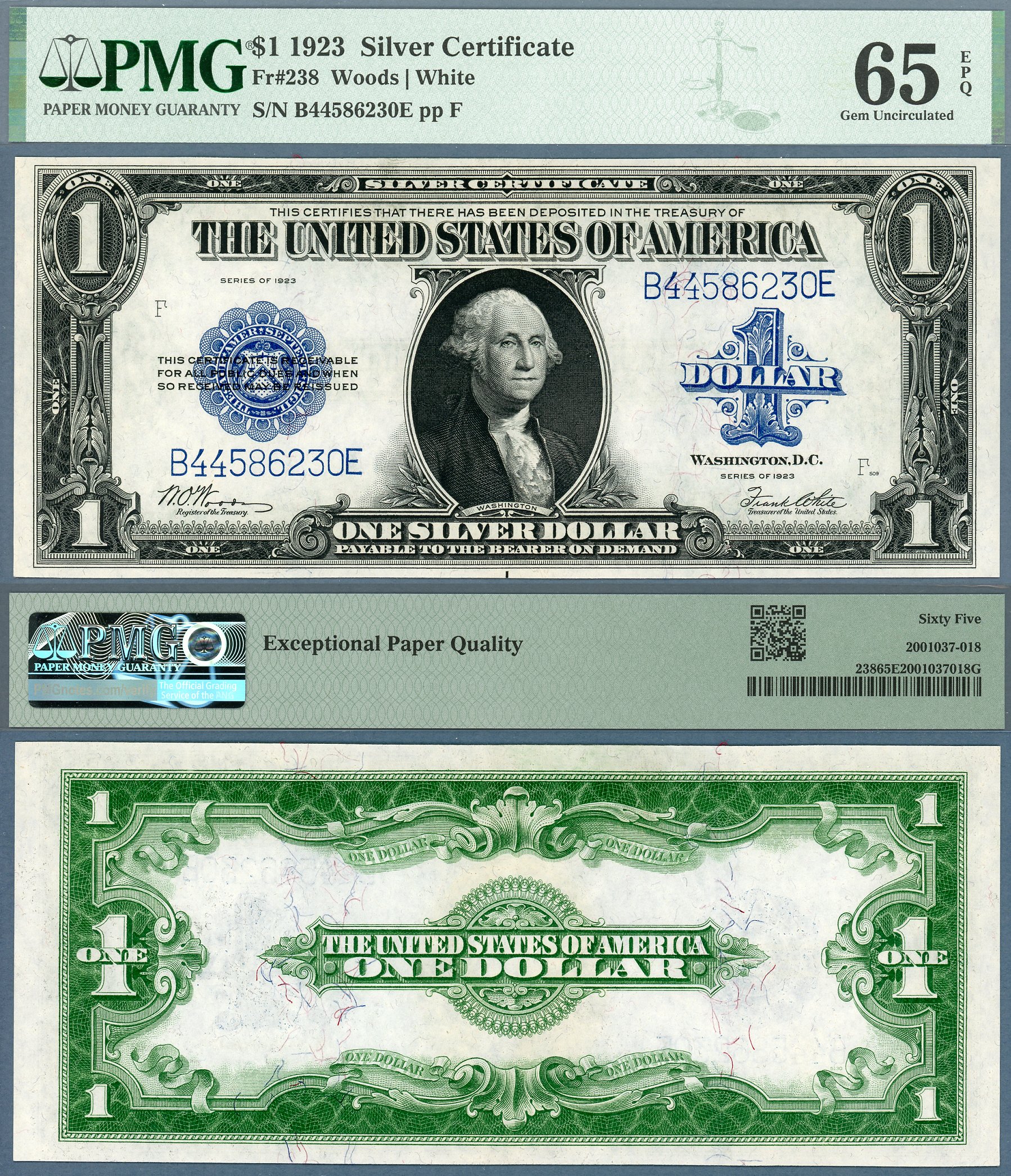 1923 $1 Silver Certificate FR-238 PMG CU64EPQ S/N B44586230E #4 of 5 Consecutive