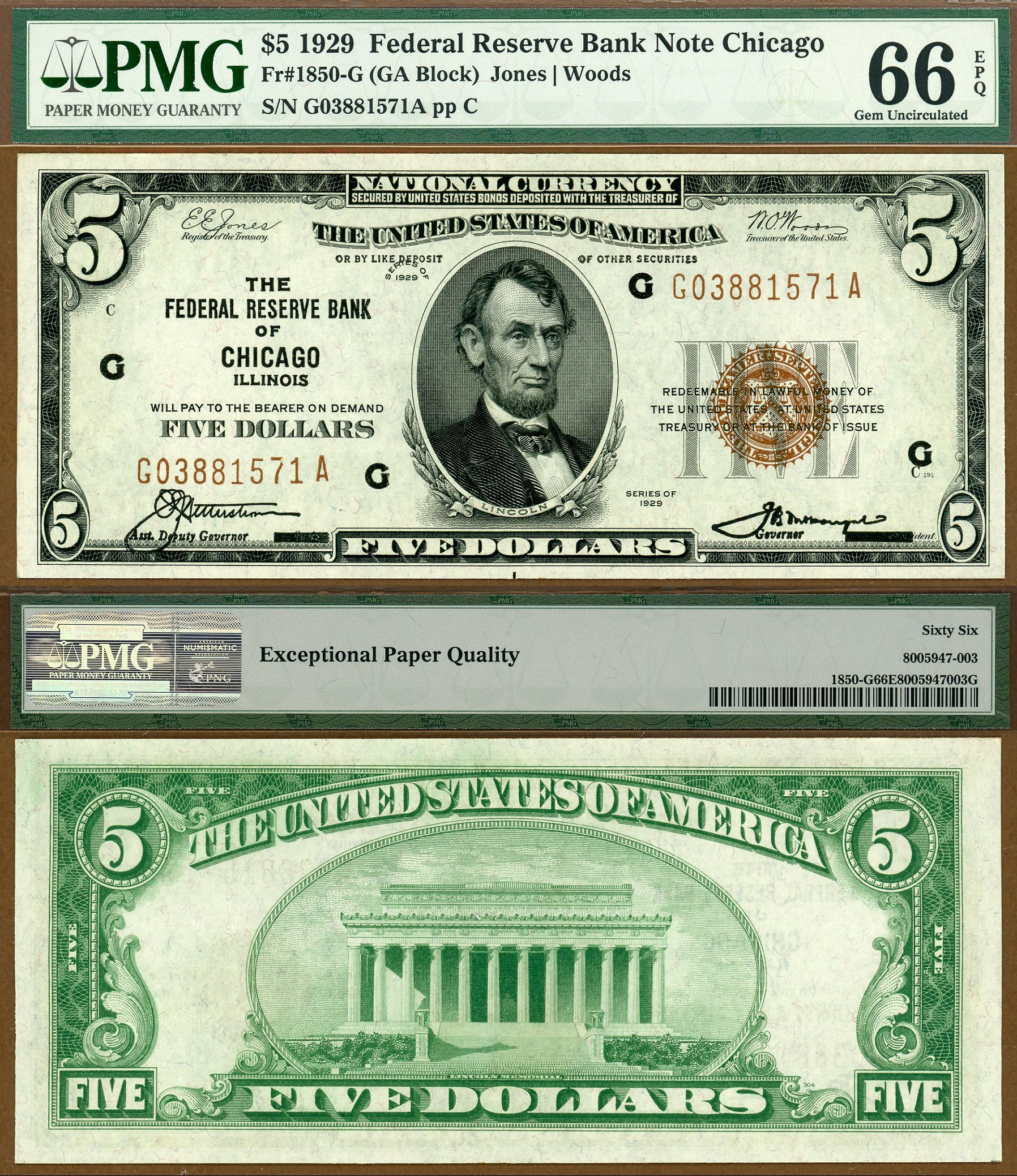 1929 $5 Federal Reserve Bank Note FR-1850-G Chicago Illinois S/N G03881571A