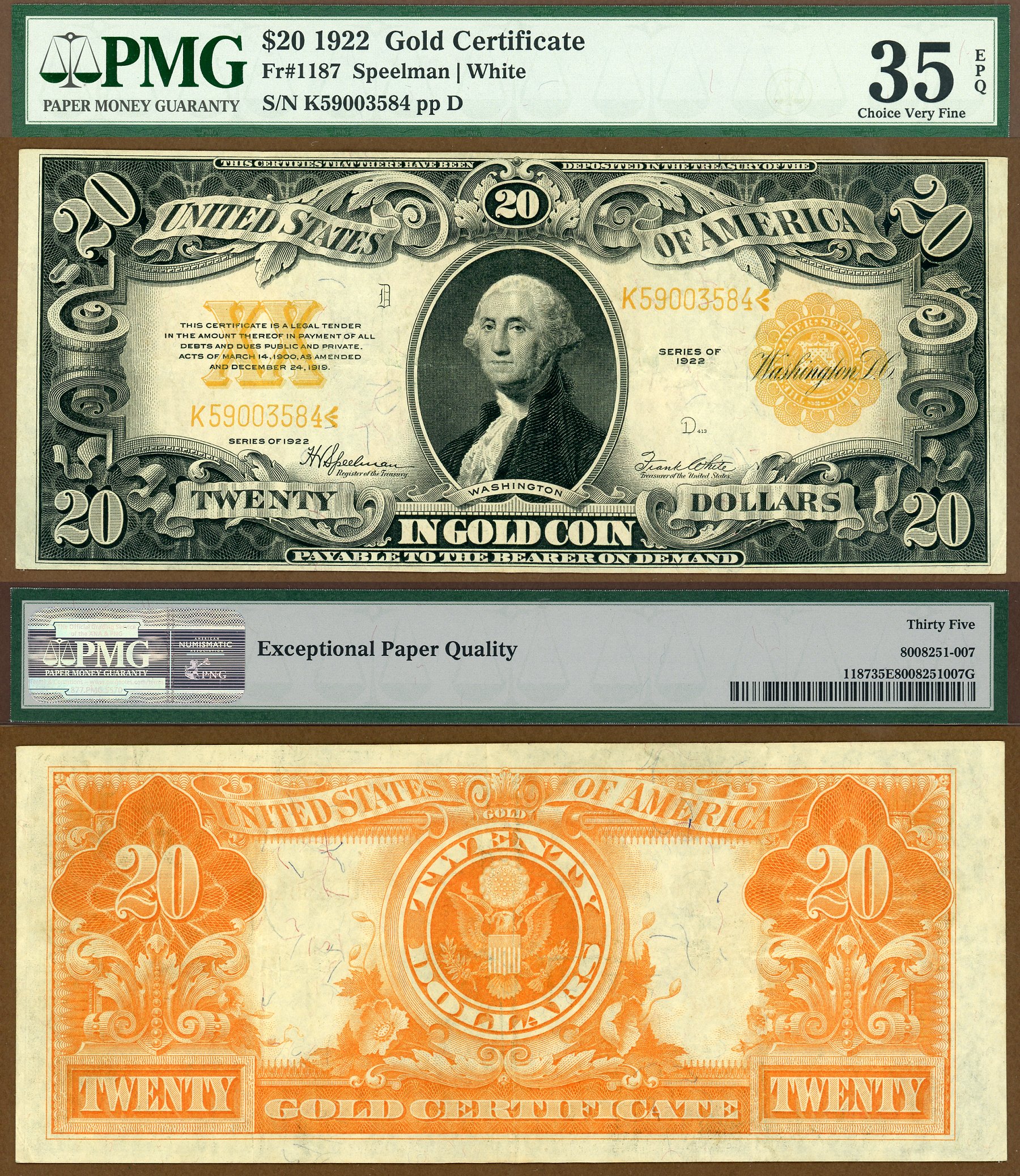 1922 $20 Gold Certificate FR-1187 PMG Choice Very Fine 35EPQ S/N K59003584