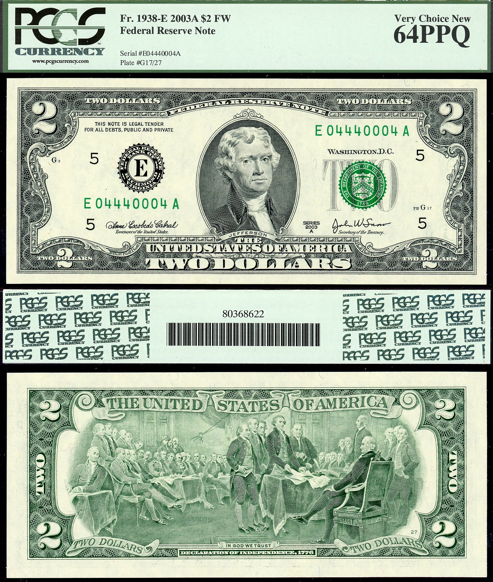 2003A $2 Federal Reserve Note S/N E04440004A