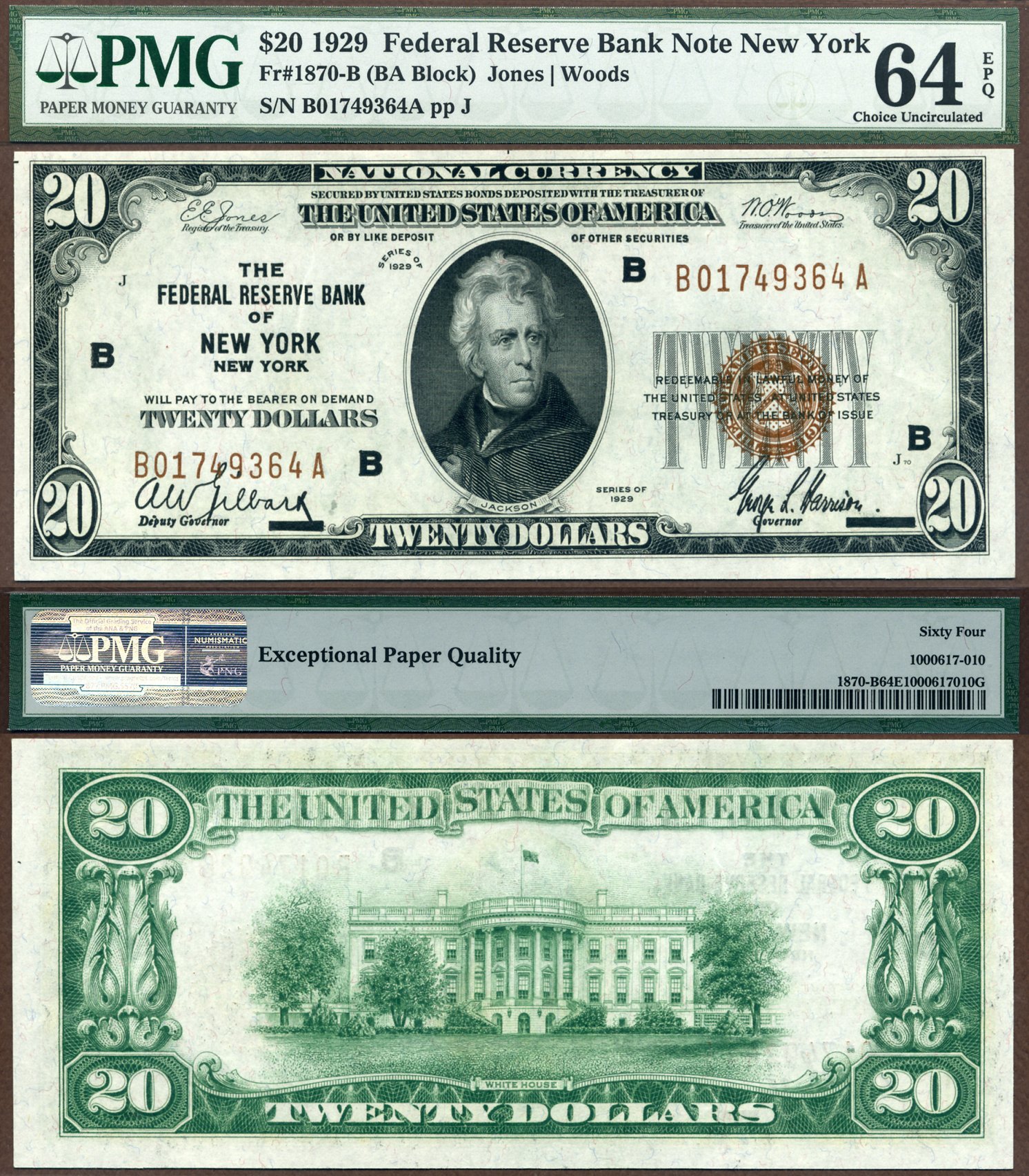 1929 $20 Federal Reserve Bank Note FR-1870-B New York PMG Graded CU 64EPQ S/N B01749364A