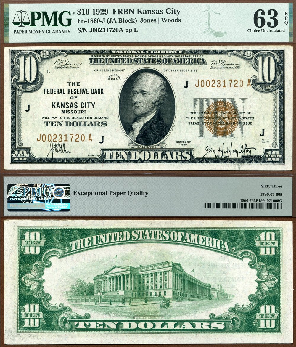 1929 $10 Federal Reserve Bank Note FR-1860-J Kansas City Missouri PMG Graded CU 63EPQ S/N J00231720A