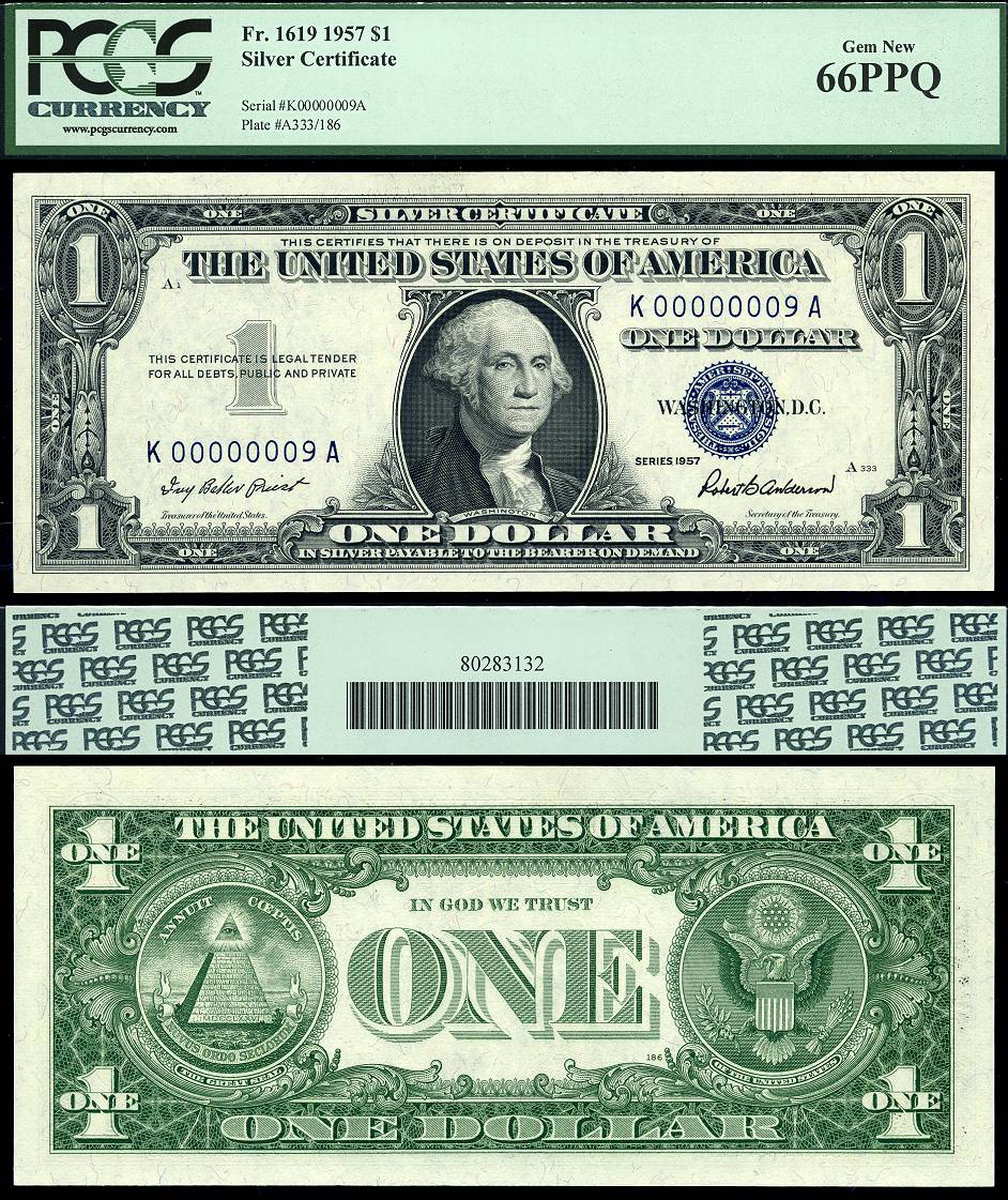 1957 $1 Silver Certificate FR-1619 PCGS Gem 66PPQ S/N K00000009A