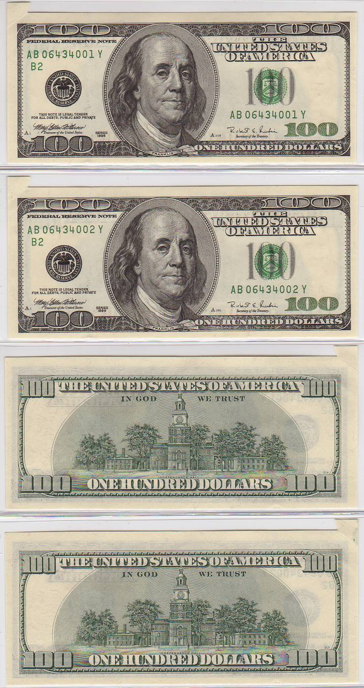 1996 $100 Federal Reserve Notes Consecutive Cutting Errors