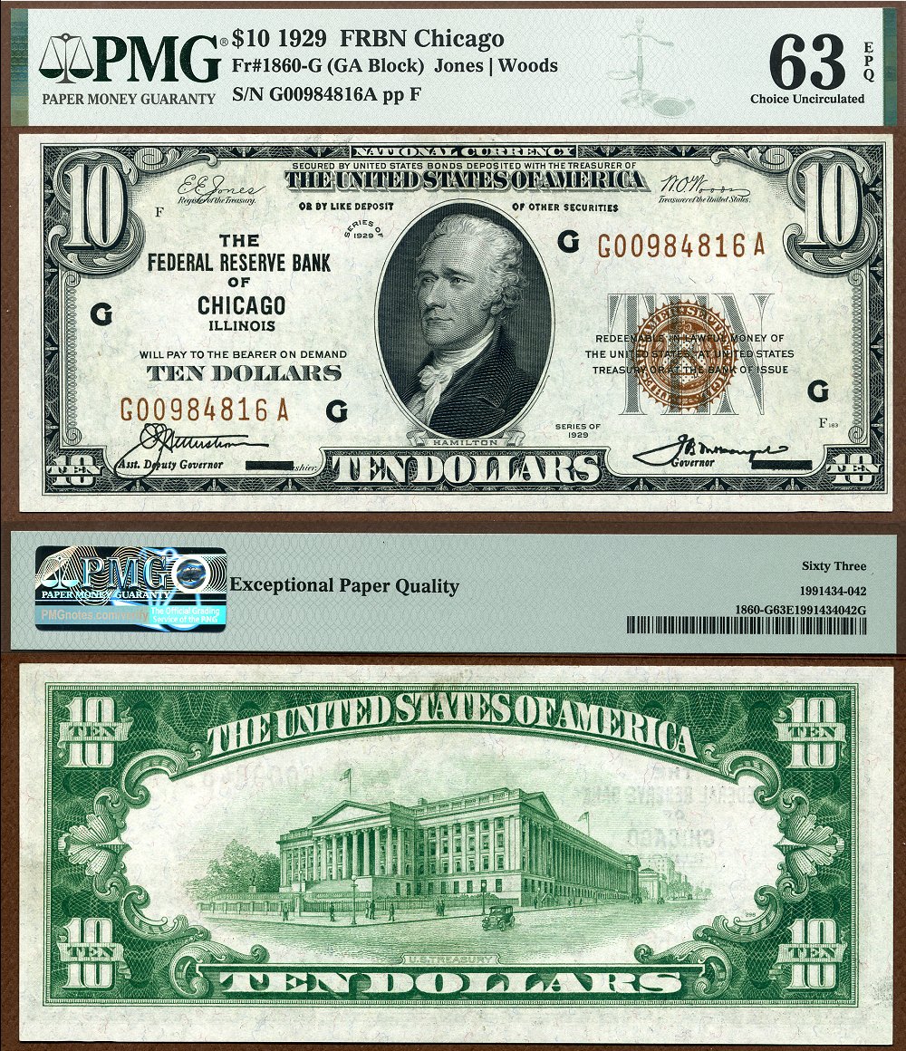 1929 $10 Federal Reserve Bank Note FR-1860-G Chicago Illinois S/N G00984816A