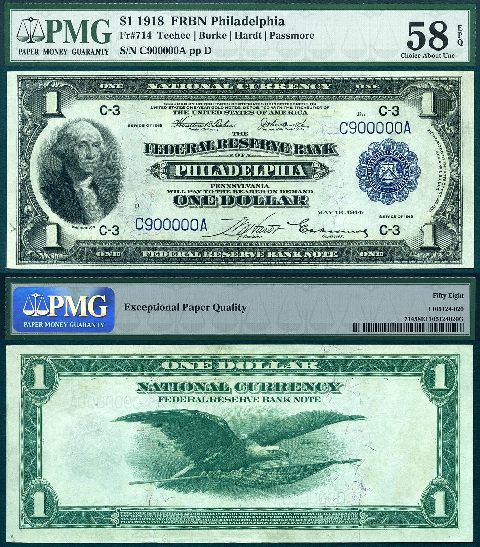 1918 $1 Federal Reserve Bank Note FR-714 PMG AU58EPQ S/N C900000A