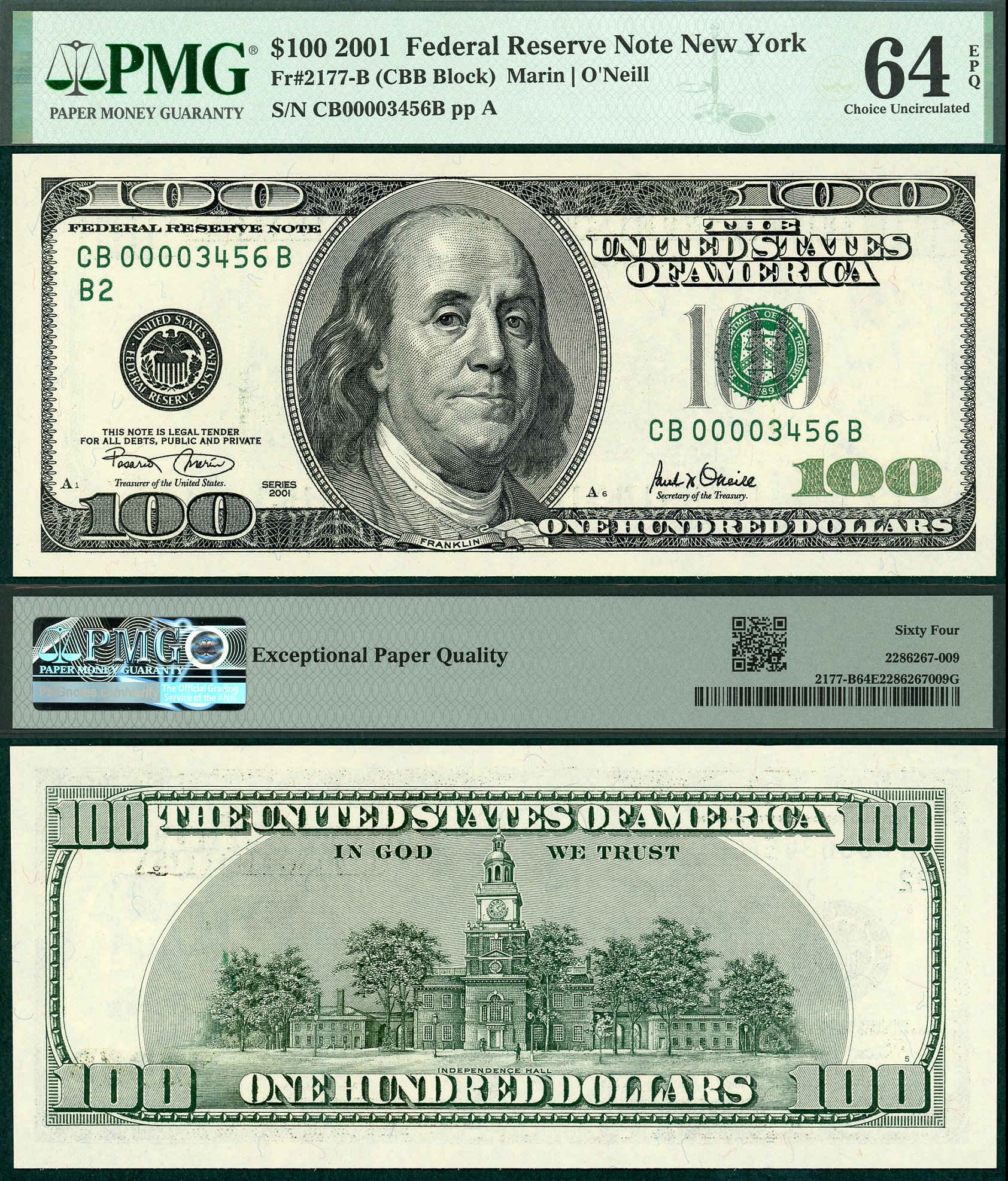 2001 $100 Federal Reserve Ladder Note FR-2177B PMG CU64EPQ S/N CB00003456B