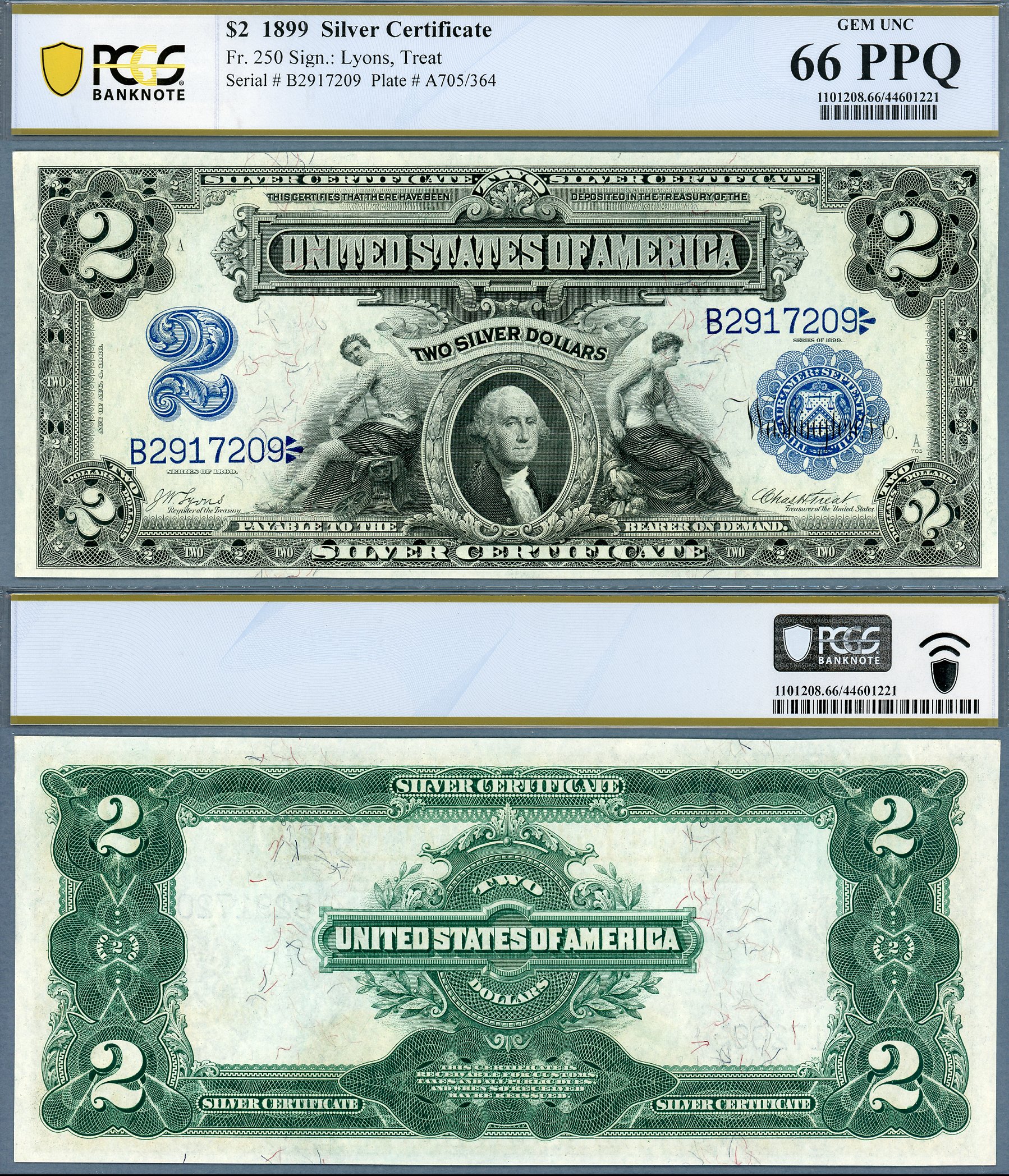 1899 $2 Silver Certificate FR-250 PCGS Graded Gem Unc 66PPQ S/N B2917209