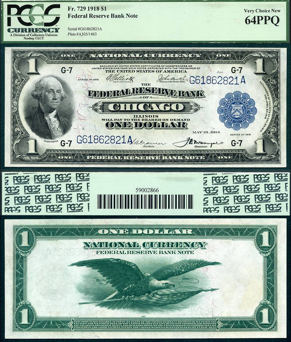 1918 $1 Federal Reserve Bank Note FR-729 PCGS Very Choice New 64PPQ S/N G61862821A