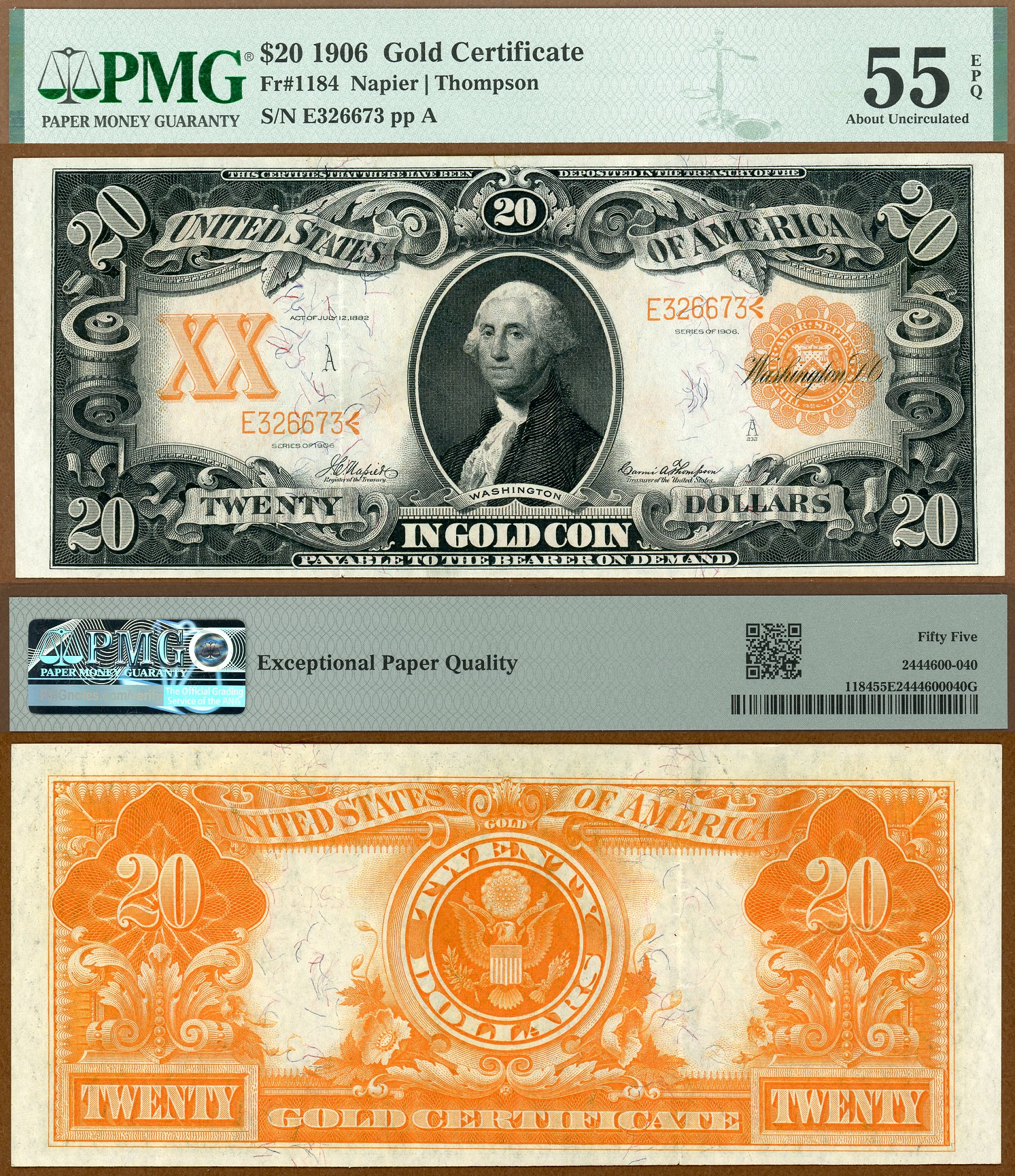1906 $20 Gold Certificate FR-1184 PMG AU 55EPQ S/N E326673