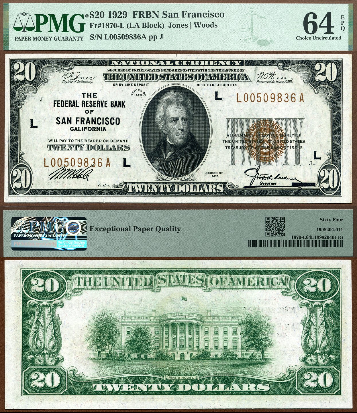 1929 $20 Federal Reserve Bank Note FR-1870-L San Francisco CA PMG Graded CU 64EPQ S/N L00509836A