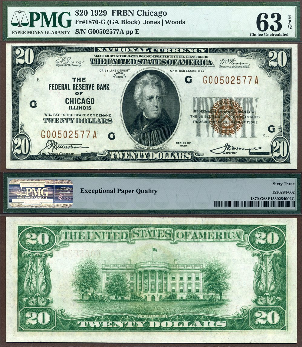 1929 $20 Federal Reserve Bank Note FR-1870-G Chicago PMG CU 63EPQ S/N G00502577A