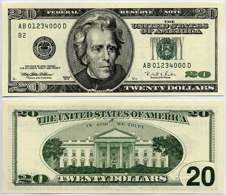 1996 $20 Federal Reserve Ladder Note S/N AB01234000D